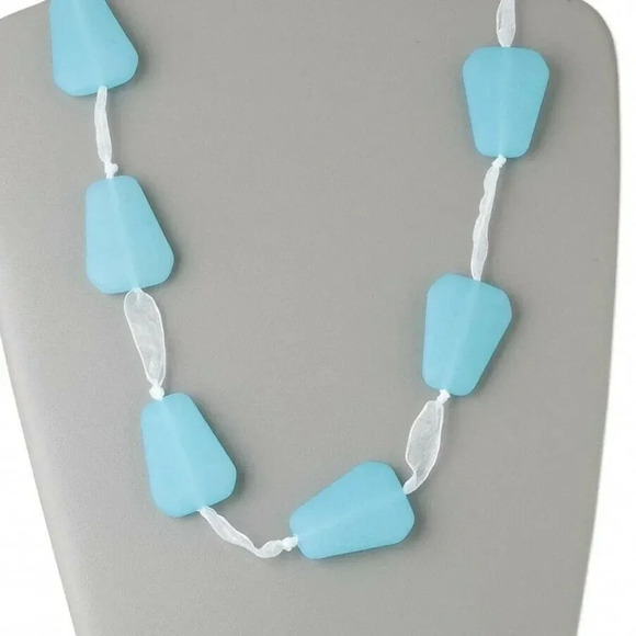 Chunky Retro Frosted Aqua Blue Trapezoid Adjustable 50" Long Ribbon Tie Necklace - Picture 1 of 1